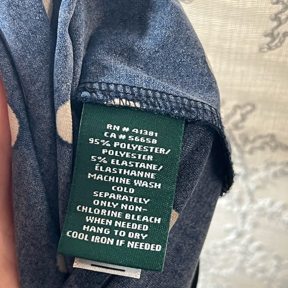 Lauren Ralph Lauren Polka Dot Midi Dress Ruched Wrap Style Navy Size 12 - Picture 8 of 11